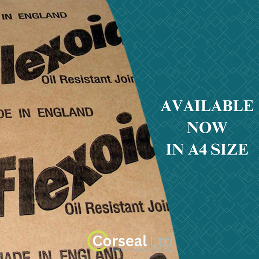 flexoid gasket paper with text saying it is available now in a4 sizes from corseal limited