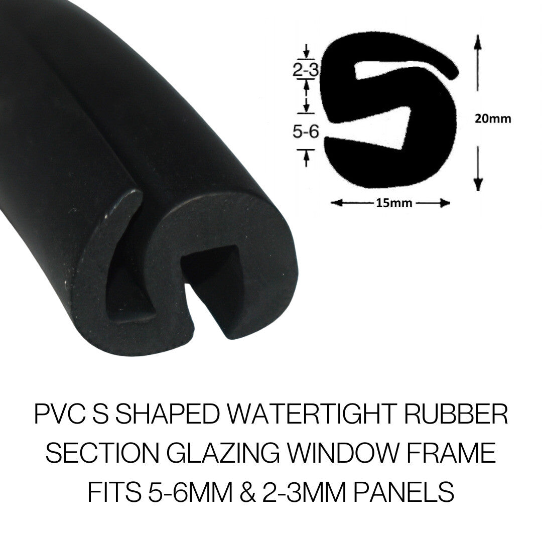 COR 884-6 20mm x 15mm EPDM S-Shaped Glazing Rubber Seal – Fits 6mm Panel, Black, Sold per Meter - Corseal