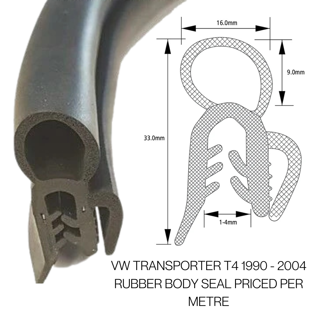 COR 2343 -33mm x 16mm -Grips 1mm to 4mm - PVC Top Seal with Self-Grip and Finned Flap – VW T4 Rear Door Seal (1990–2004) - Sold Per Meter
