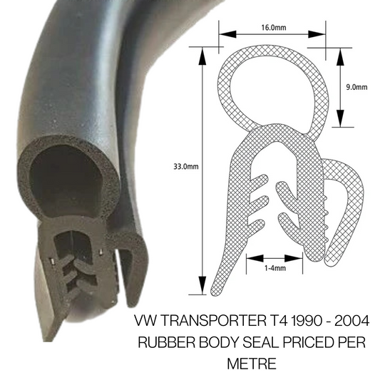 COR 2343 -33mm x 16mm -Grips 1mm to 4mm - PVC Top Seal with Self-Grip and Finned Flap – VW T4 Rear Door Seal (1990–2004) - Sold Per Meter - Corseal