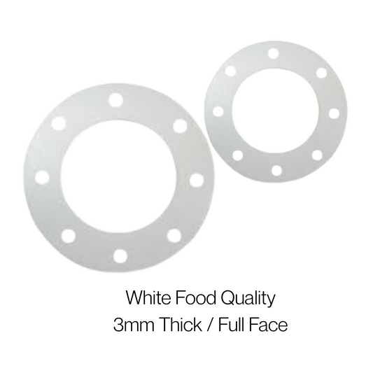 White Food Quality Rubber Gaskets 3mm Thick (Full Face) Sizes 1/2' to 8'