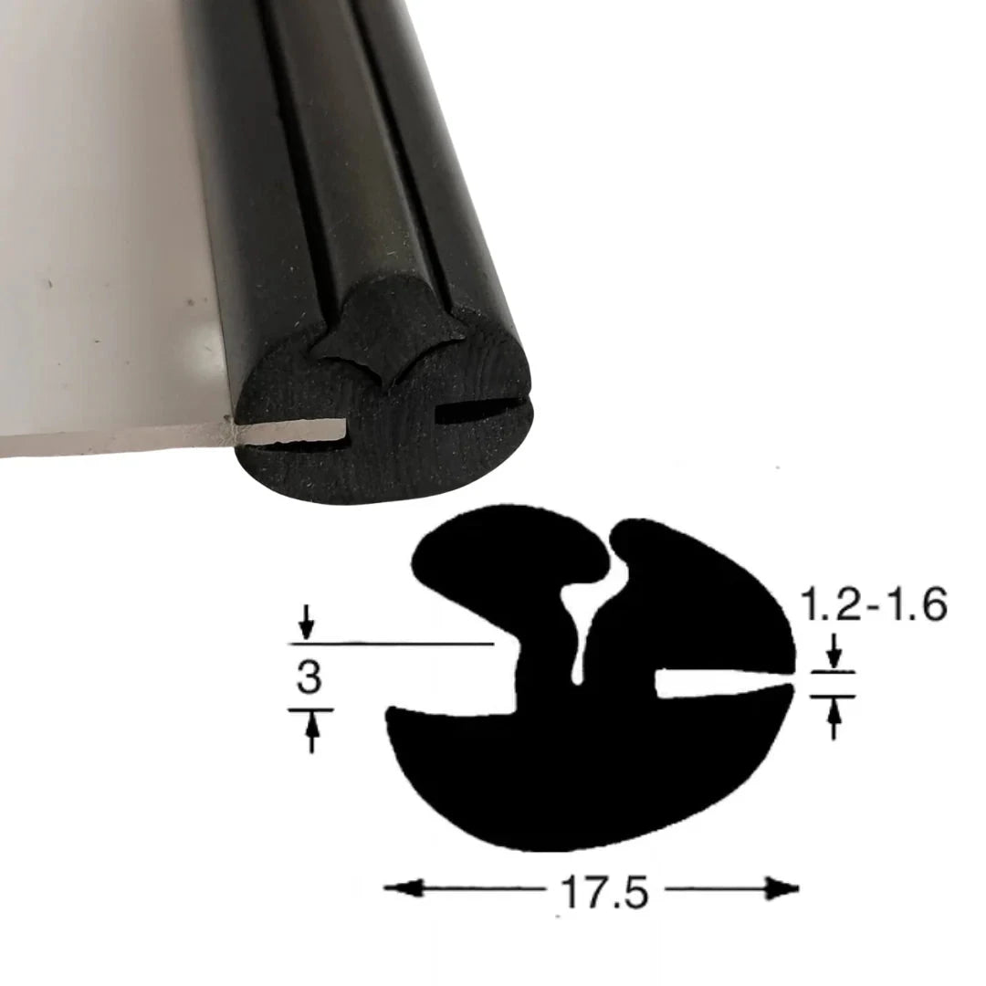 COR 1096 EPDM Rubber Glazing Seal – Weatherpoofing for windows and doors - 17.5mm x 1.6mm x 3mm, 5.2mm Web, Priced per Meter
