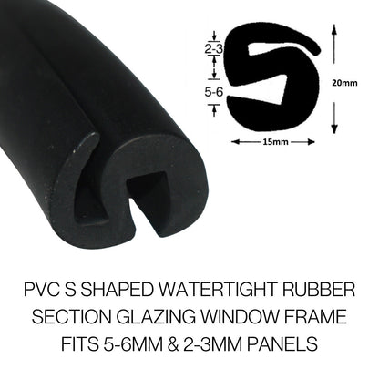 COR 884-6 20mm x 15mm EPDM S-Shaped Glazing Rubber Seal – Fits 6mm Panel, Black, Sold per Meter - Corseal